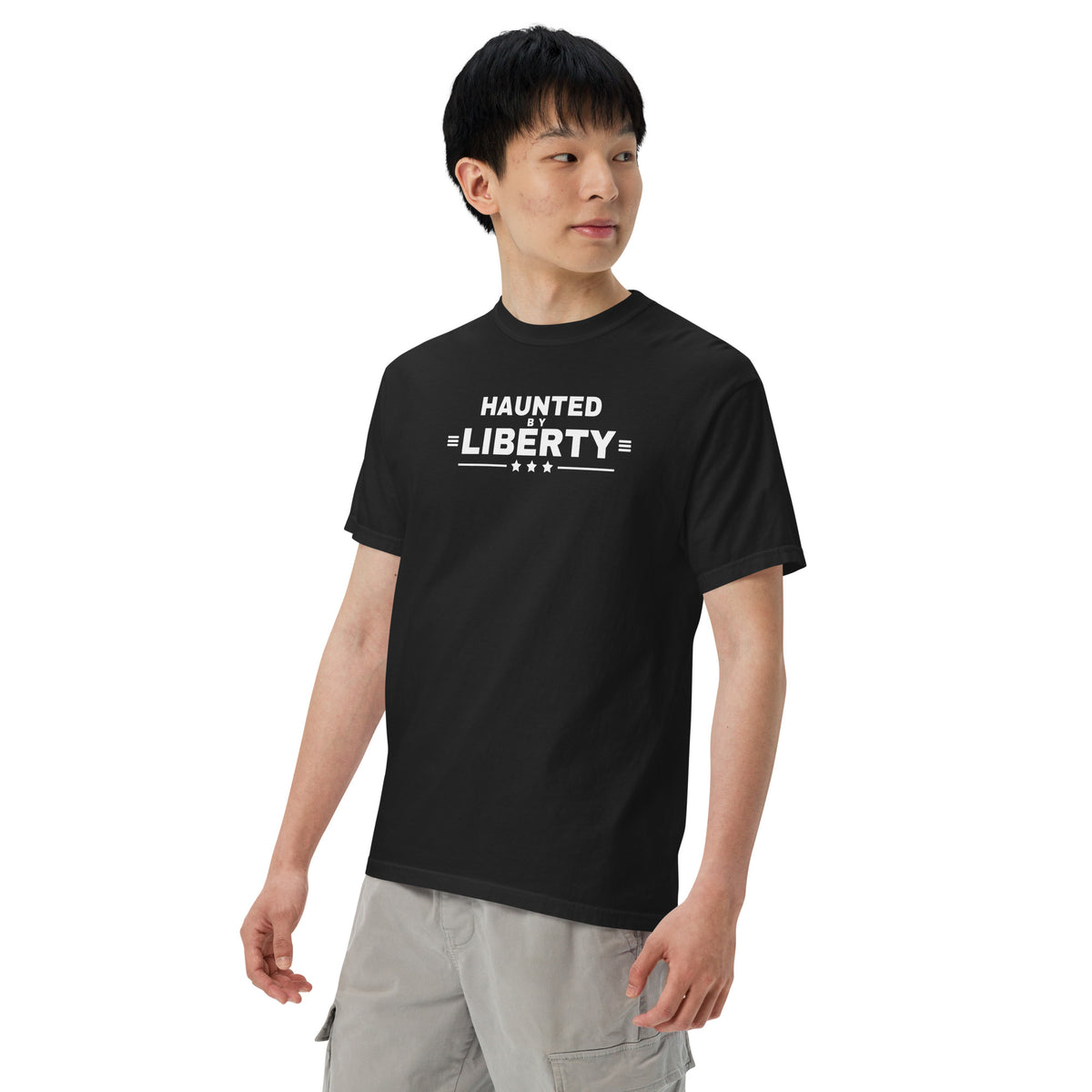 Haunted by Liberty Heavyweight Tee Black on model three quarter front | True American