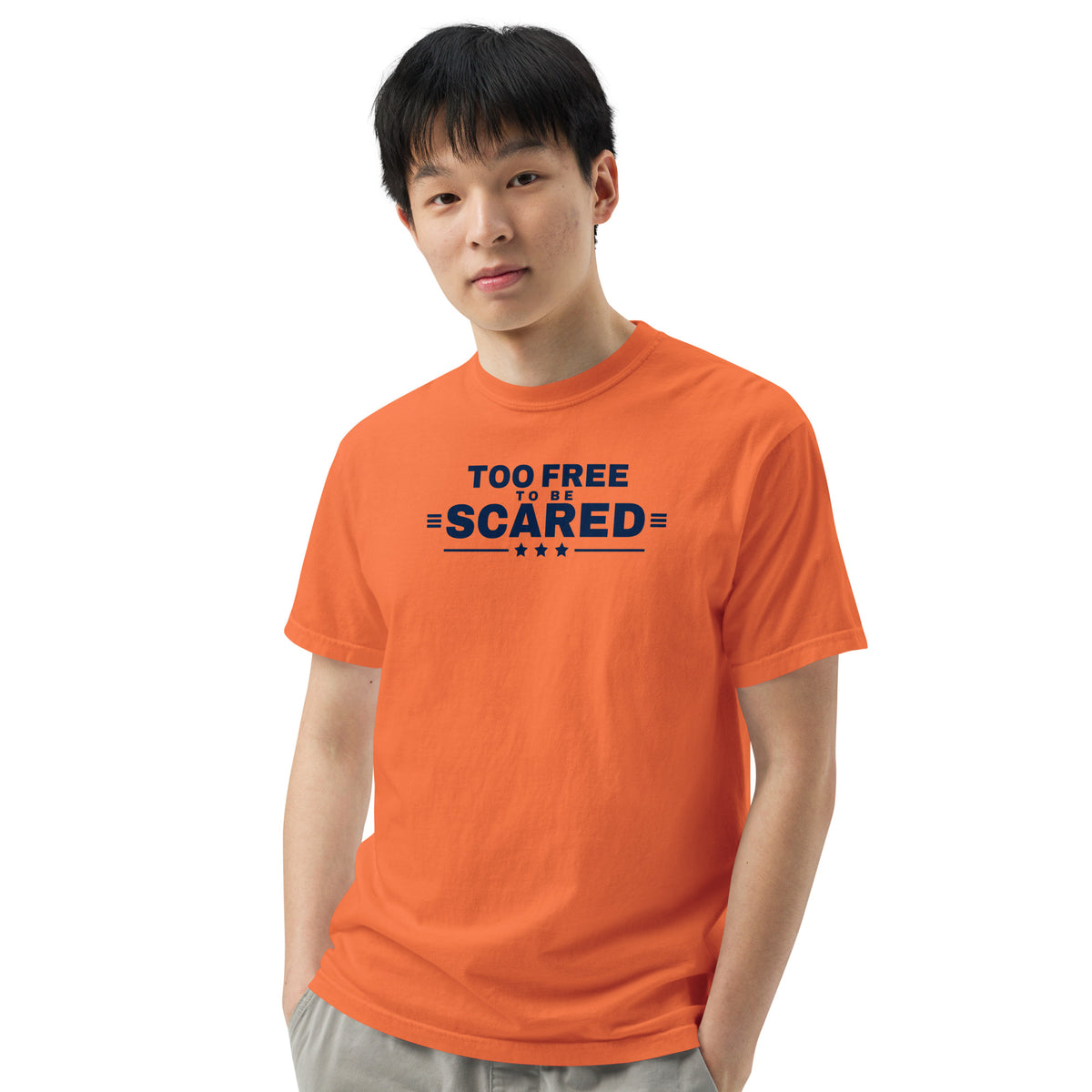 Too Free to Be Scared Heavyweight Tee Burnt Orange on model front, close up | True American