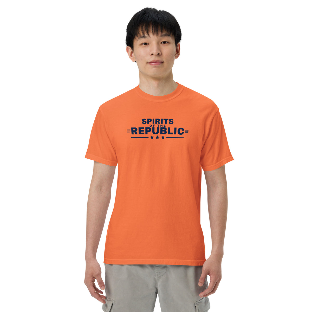 Spirits of the Republic Heavyweight Tee Burnt Orange on model front | True American