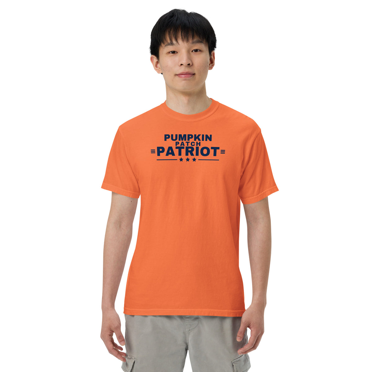 Pumpkin Patch Patriot Heavyweight Tee Burnt Orange on model front | True American