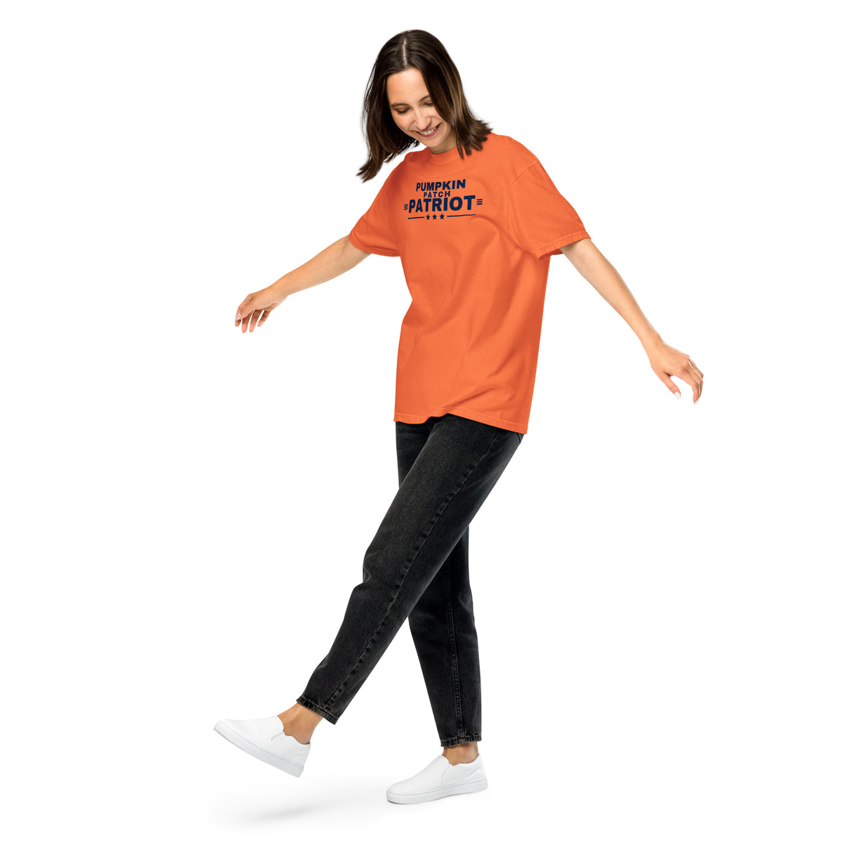 Pumpkin Patch Patriot Heavyweight Tee Burnt Orange on model front, full length | True American