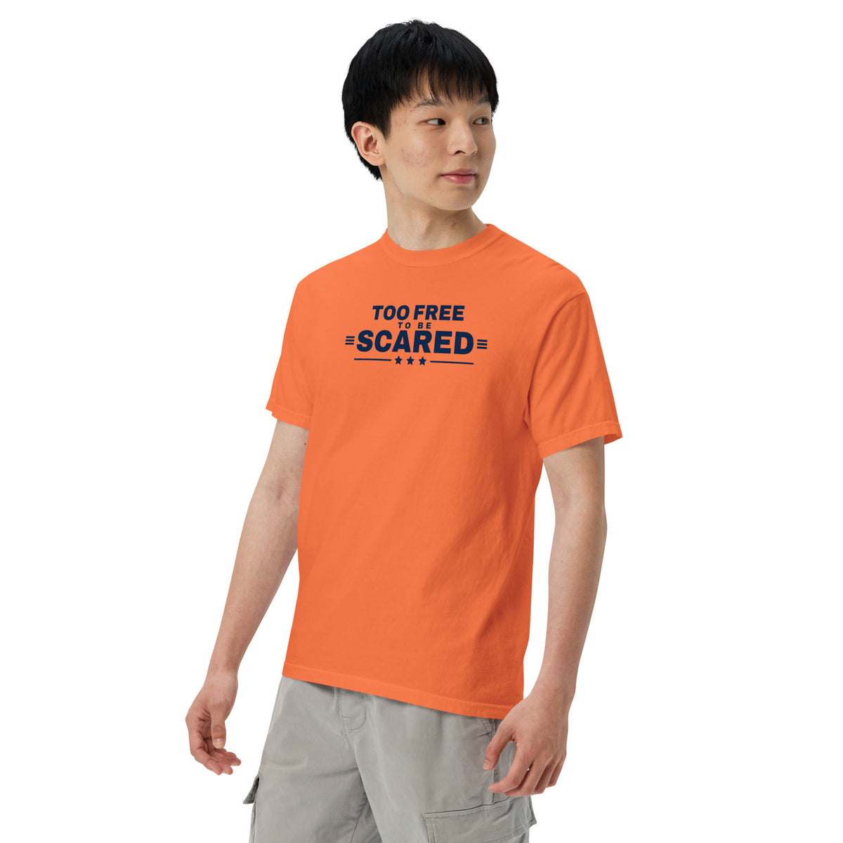 Too Free to Be Scared Heavyweight Tee Burnt Orange on model three quarter front | True American