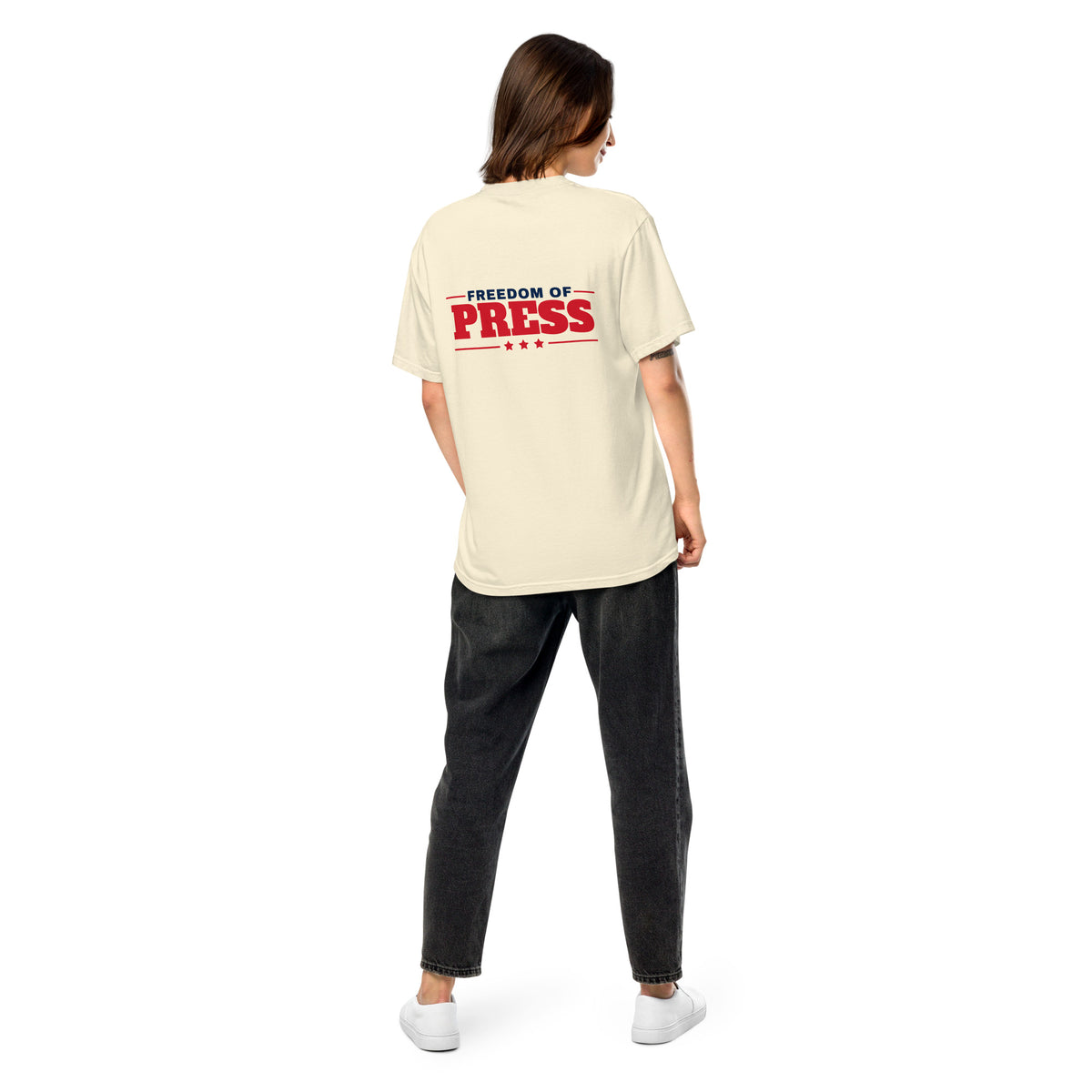 First Amendment Auditor Heavyweight Tee Ivory on model back, relaxed fit | True American