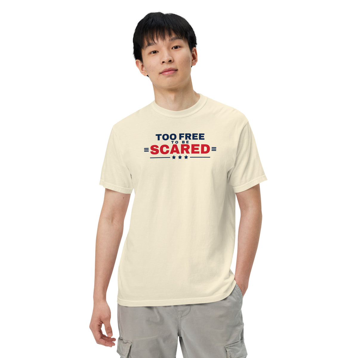 Too Free to Be Scared Heavyweight Tee Ivory on model front, relaxed pose | True American