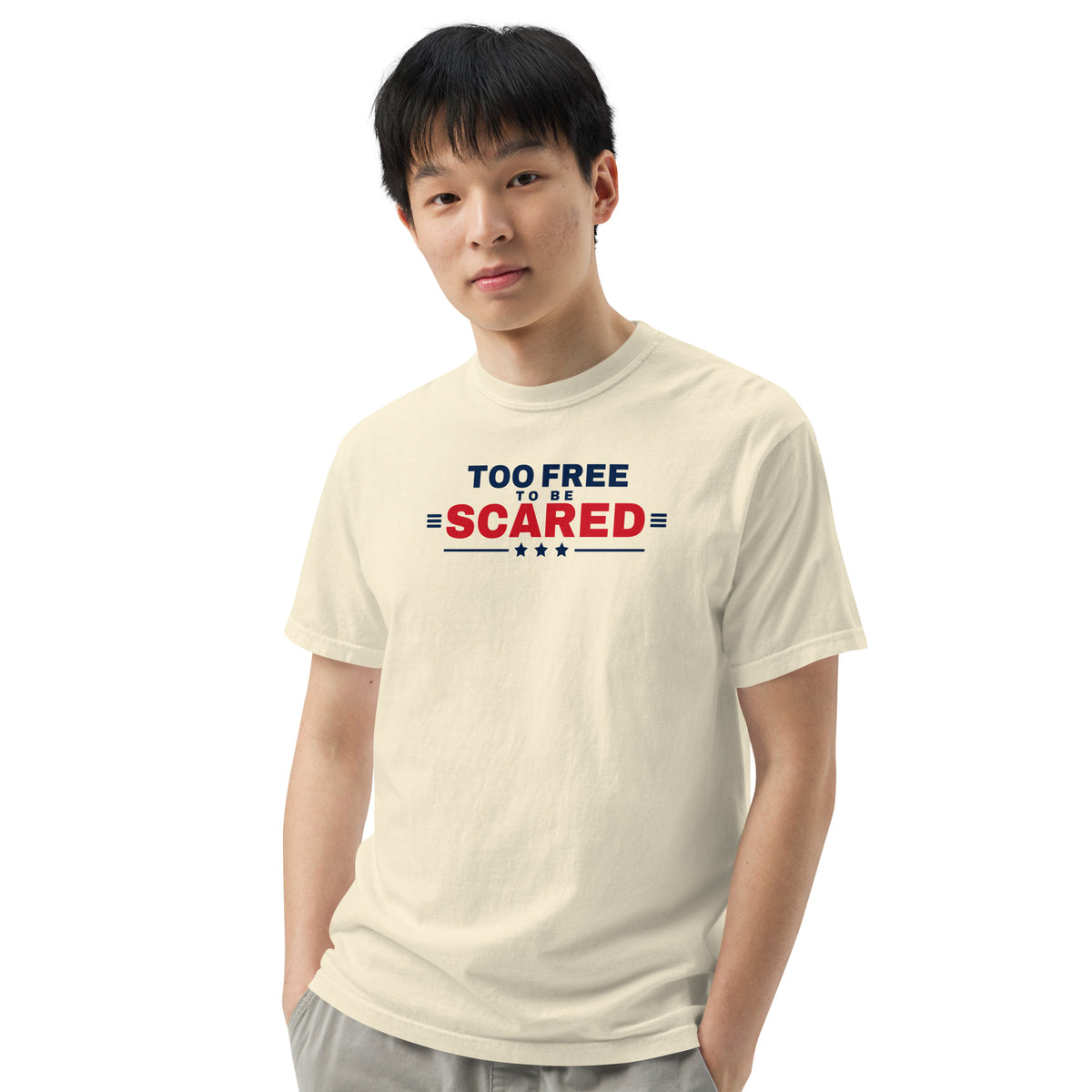 Too Free to Be Scared Heavyweight Tee Ivory on model front, close up | True American