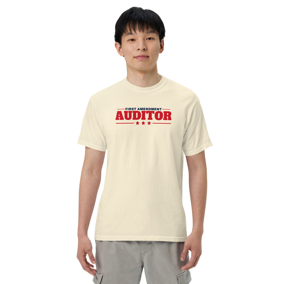 First Amendment Auditor Heavyweight Tee Ivory on model front | True American