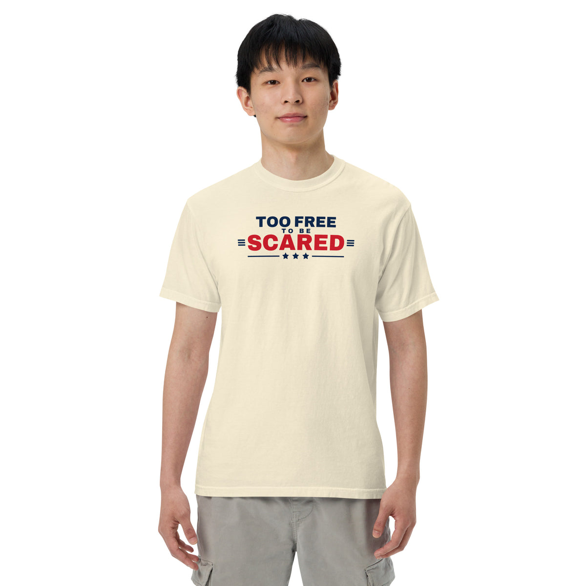 Too Free to Be Scared Heavyweight Tee Ivory on model front | True American