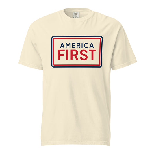 America First Framed Heavyweight Tee - Light Ivory flat front | True American