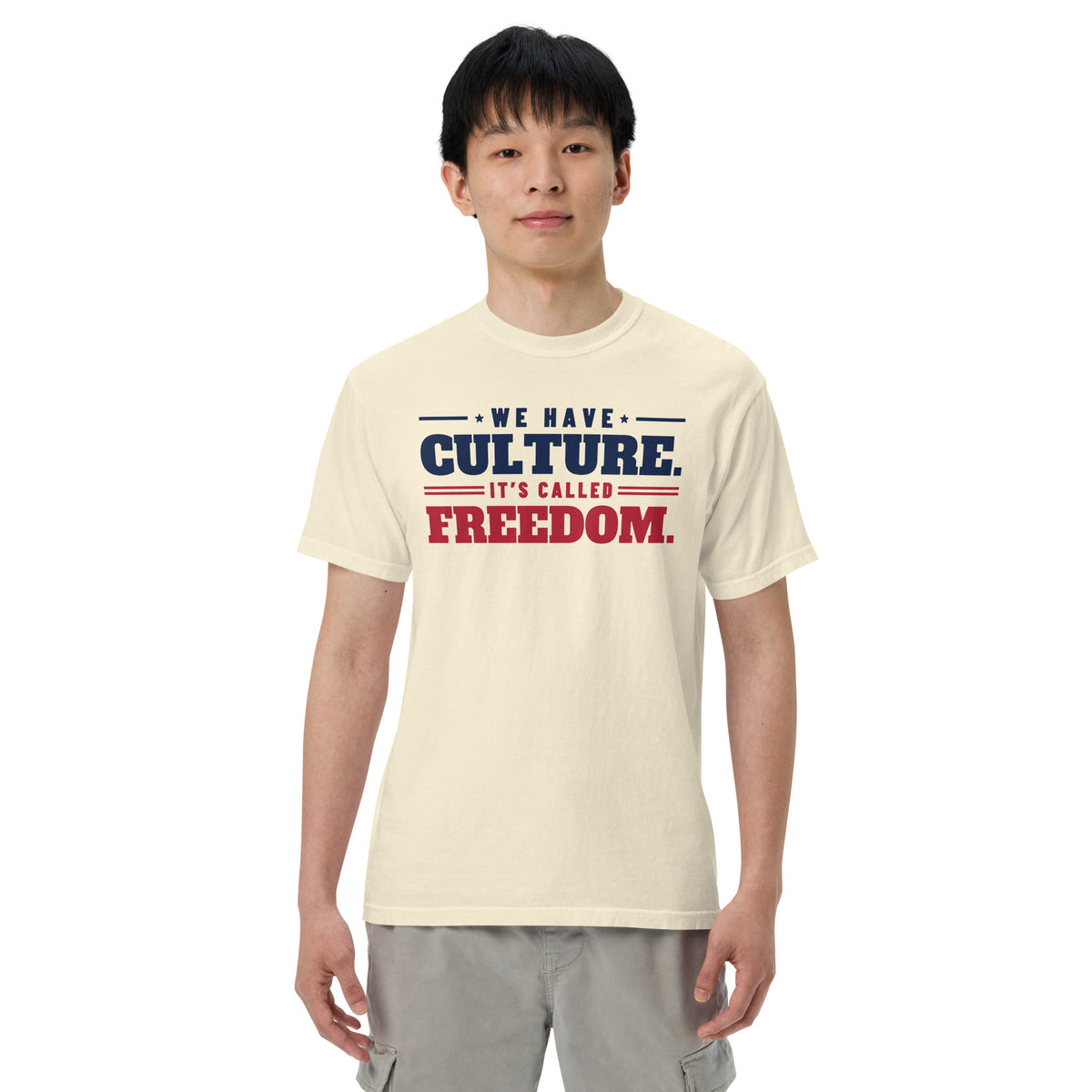 We Have Culture It's Called Freedom Stacked Tee in Ivory, front, on male model | True American