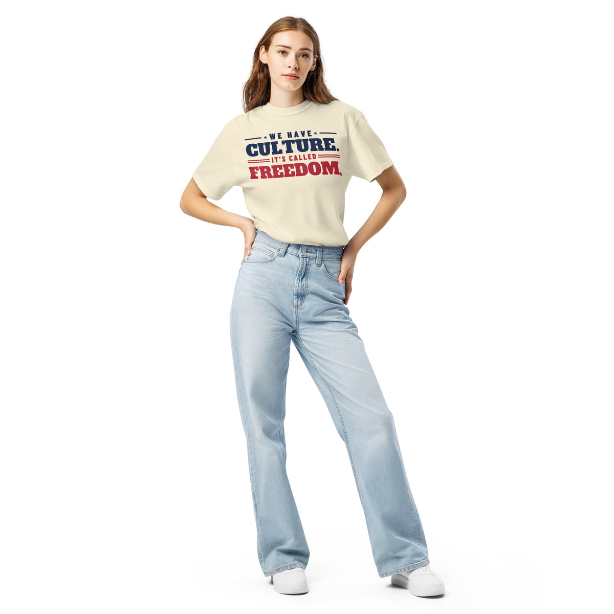 We Have Culture It's Called Freedom Stacked Tee in Ivory, front, on female model | True American