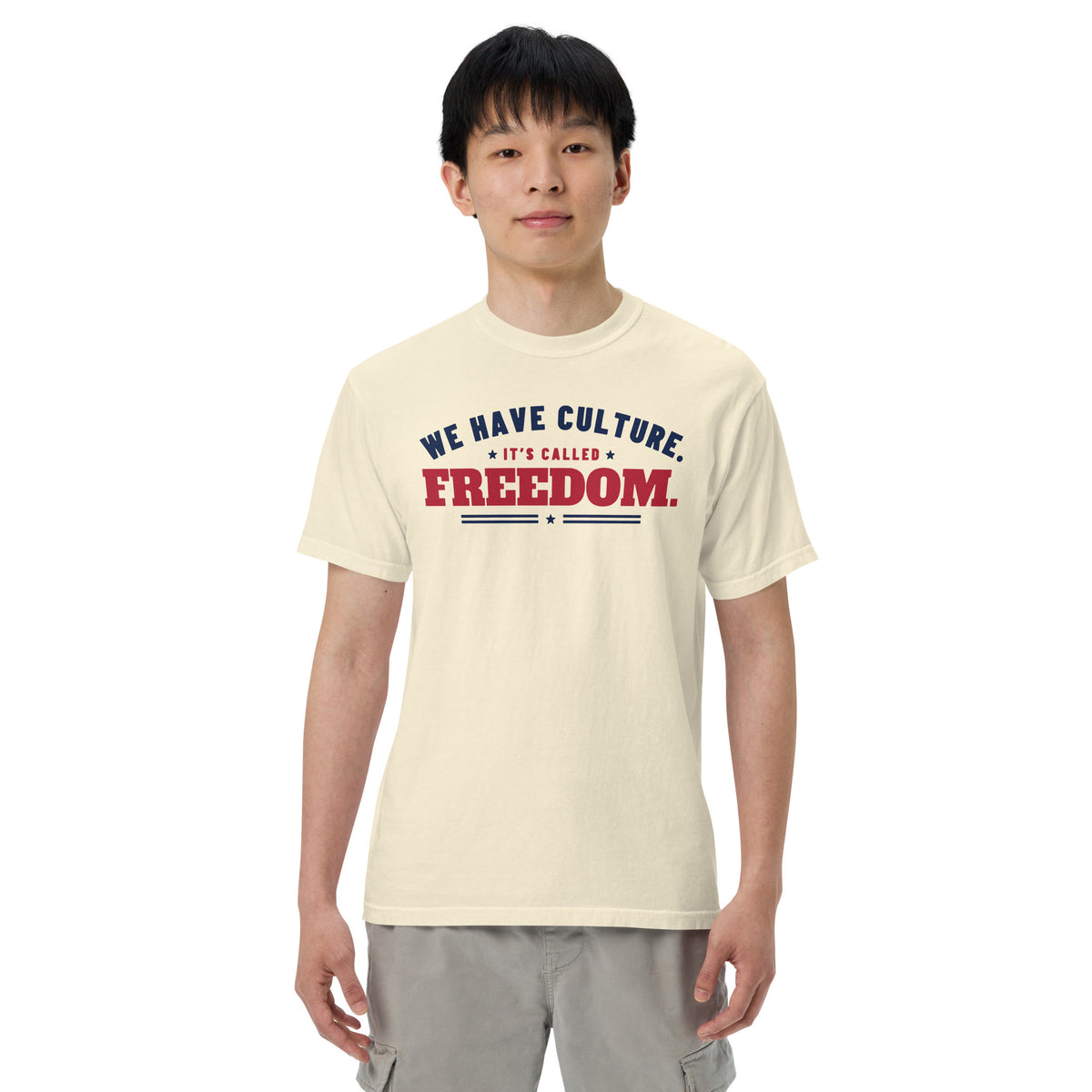 We Have Culture It's Called Freedom Arched Tee in Ivory, front, on male model | True American