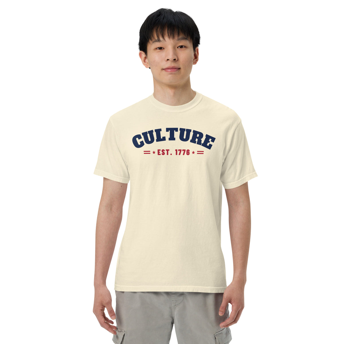 Culture Est. 1776 Arched Tee in Ivory, front, on male model | True American