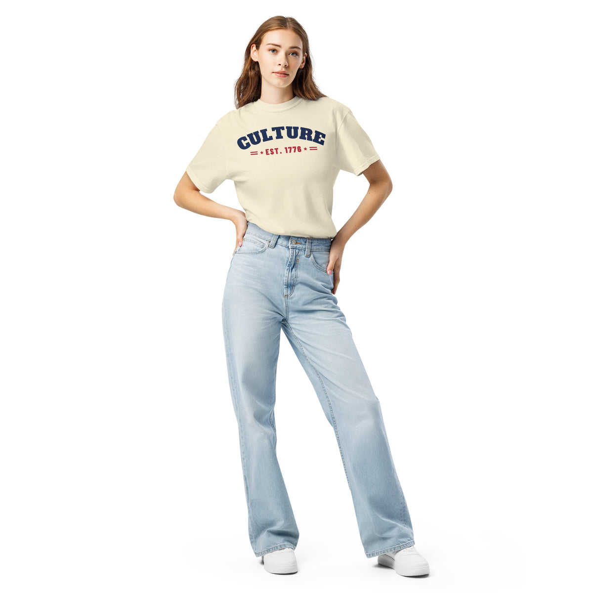 Culture Est. 1776 Arched Tee in Ivory, front, on female model | True American