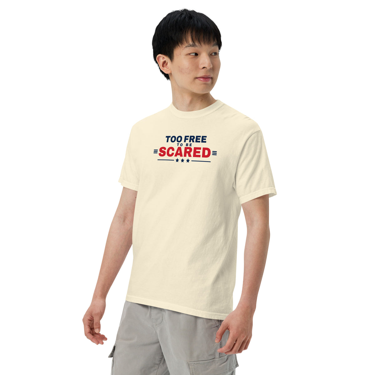 Too Free to Be Scared Heavyweight Tee Ivory on model three quarter front | True American