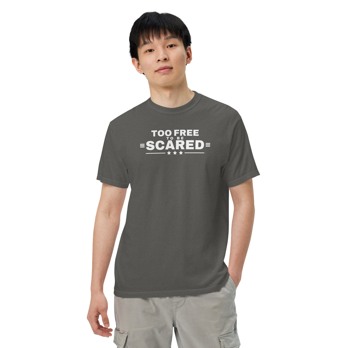 Too Free to Be Scared Heavyweight Tee Pepper on model front, relaxed pose | True American