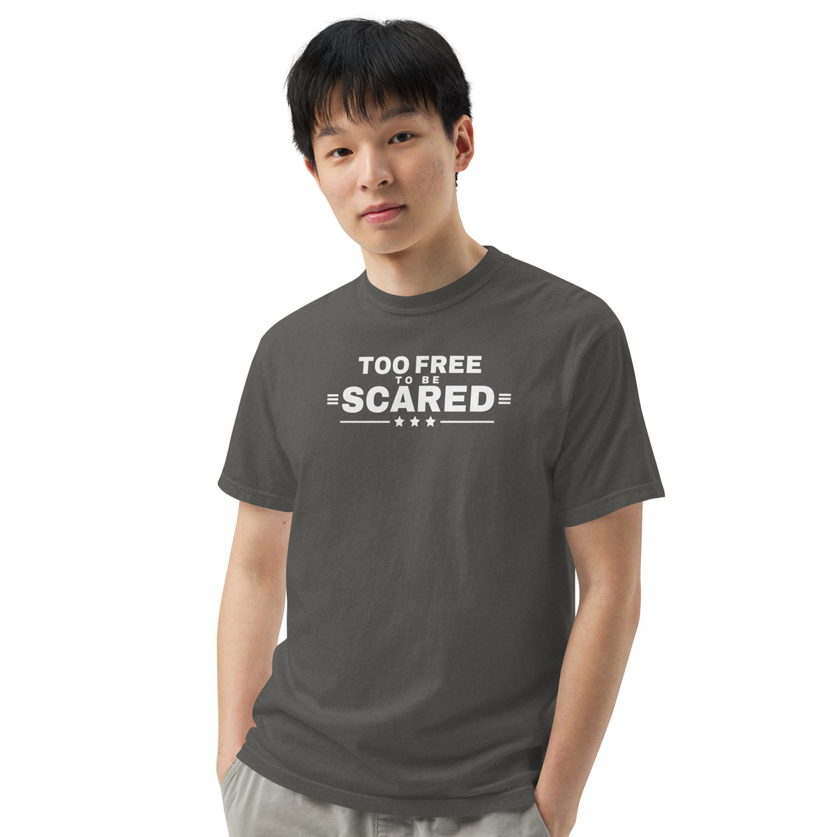 Too Free to Be Scared Heavyweight Tee Pepper on model front, close up | True American
