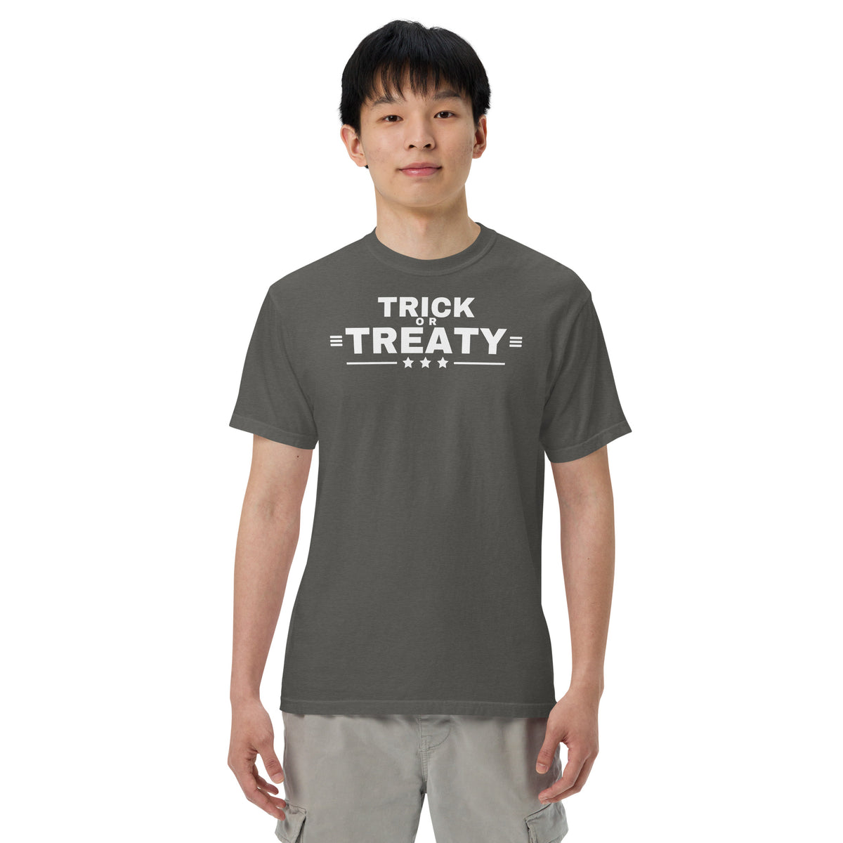 Trick or Treaty Heavyweight Tee Pepper on model | True American