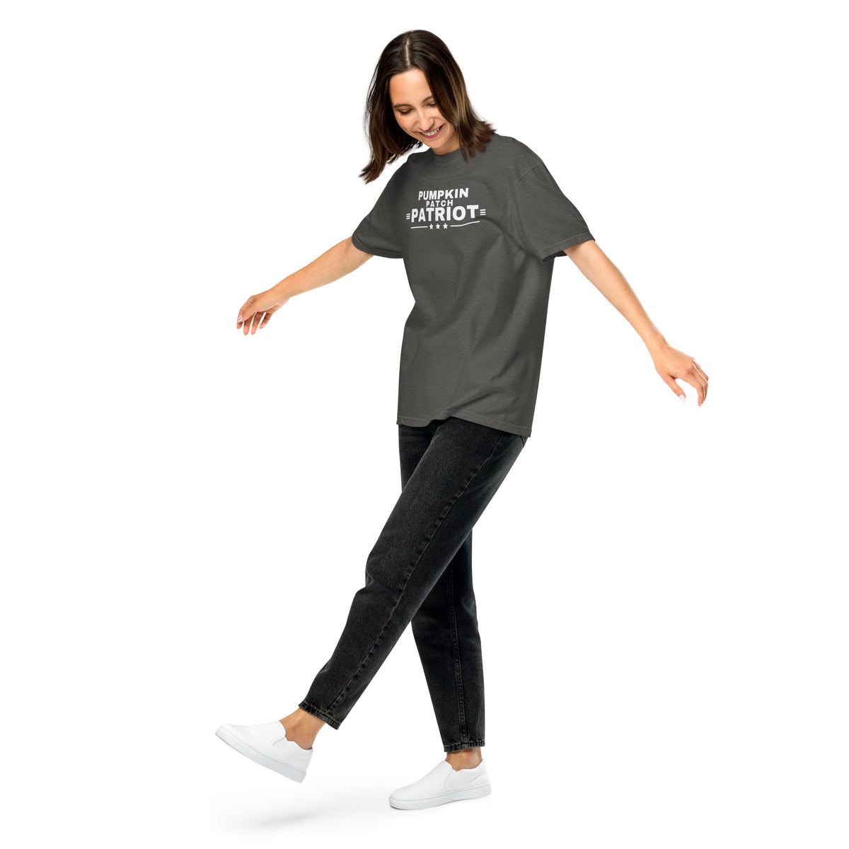 Pumpkin Patch Patriot Heavyweight Tee Pepper on model front, full length | True American
