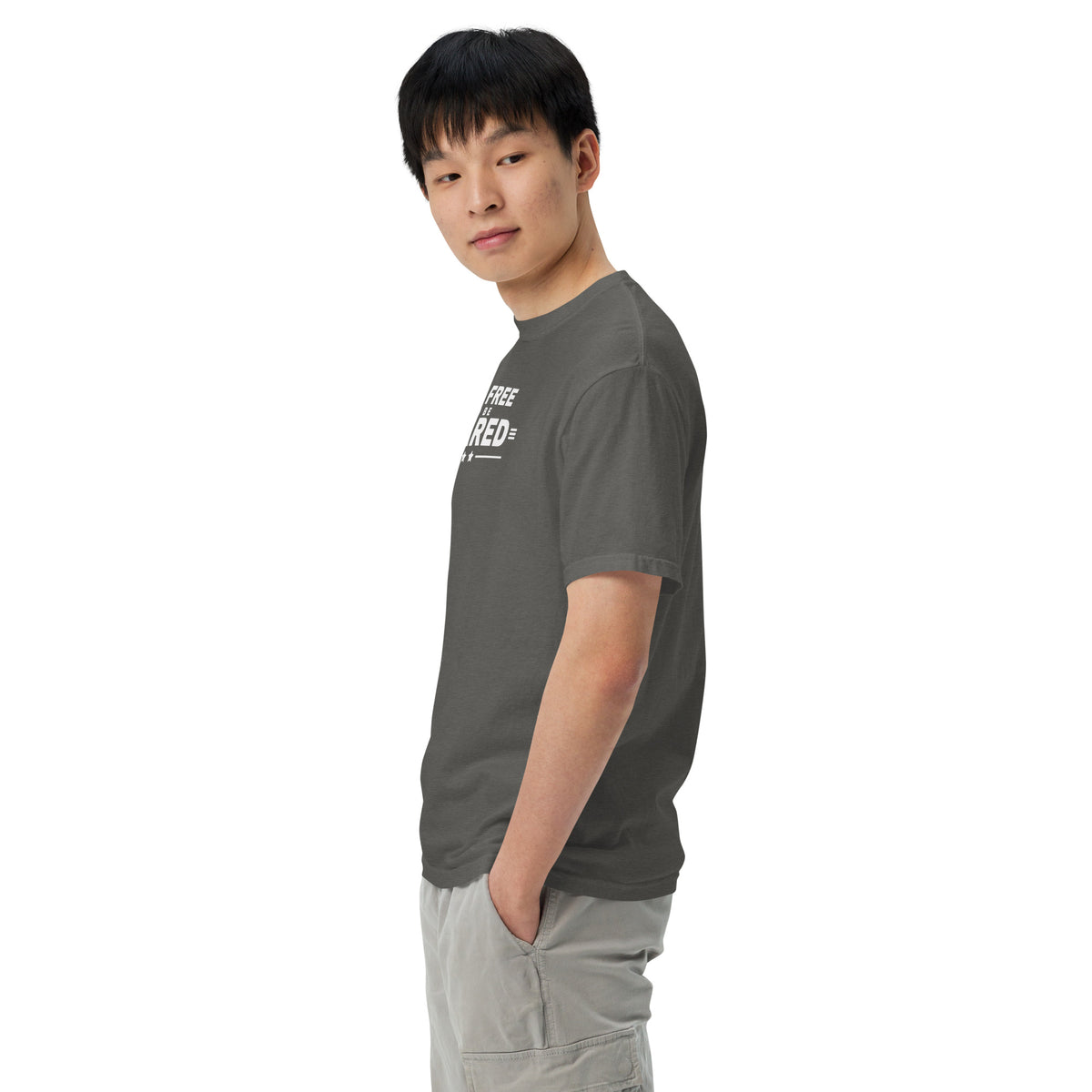 Too Free to Be Scared Heavyweight Tee Pepper on model left side | True American