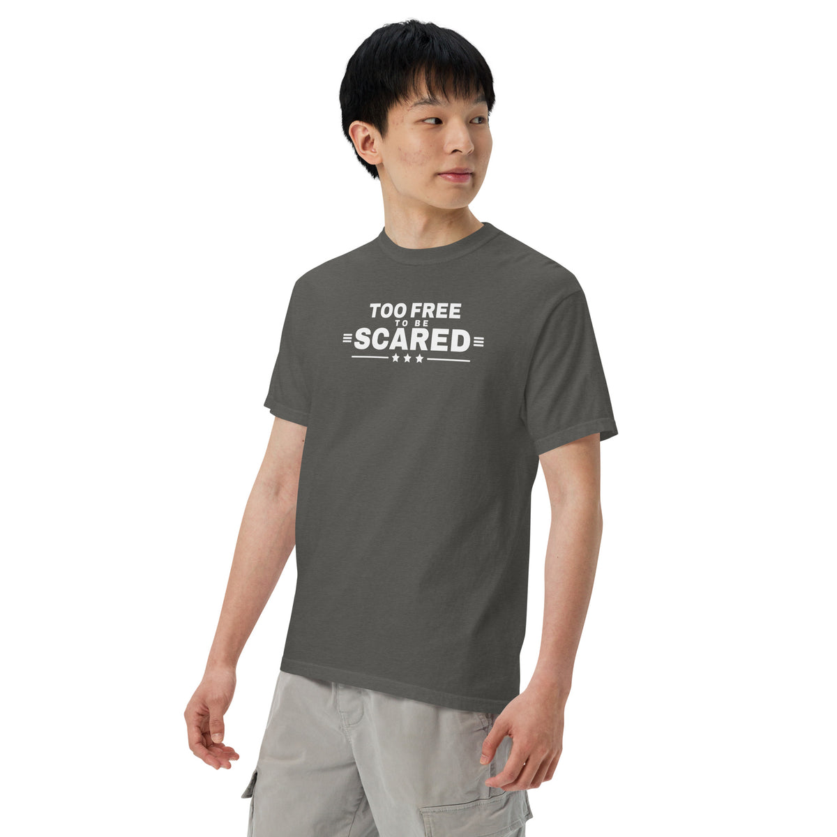Too Free to Be Scared Heavyweight Tee Pepper on model three quarter front | True American