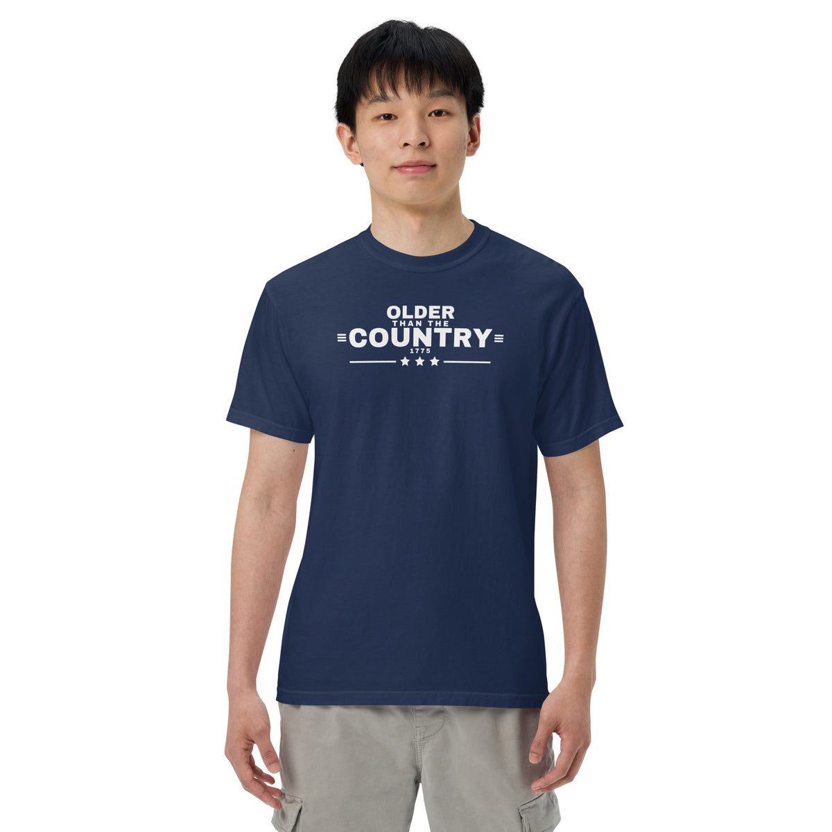 Older Than the Country Heavyweight Tee True Navy on model front | True American