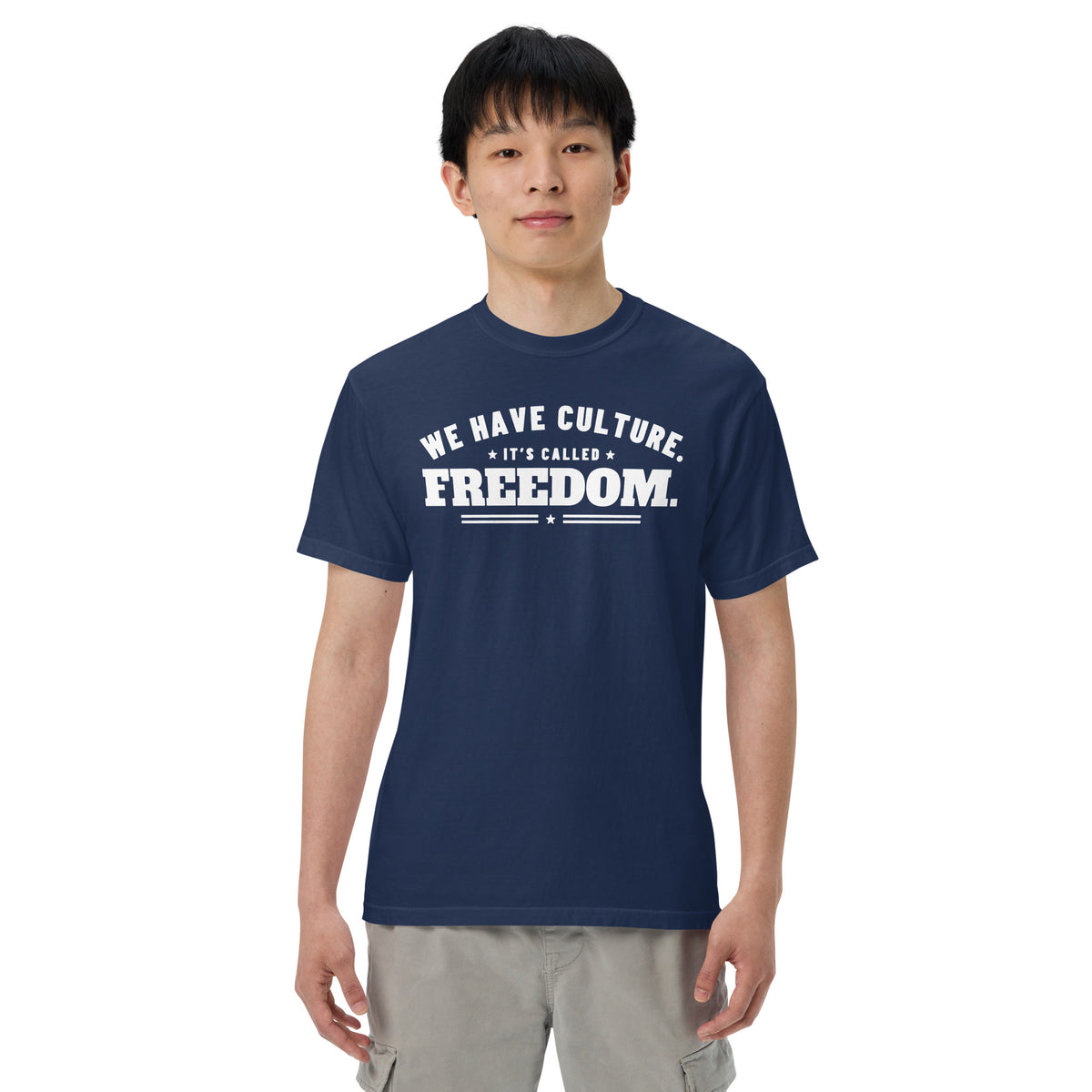 We Have Culture It's Called Freedom Arched Tee in True Navy, front, on male model | True American