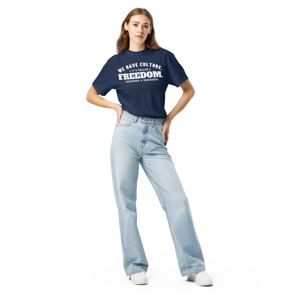 We Have Culture It's Called Freedom Arched Tee in True Navy, front, on female model | True American