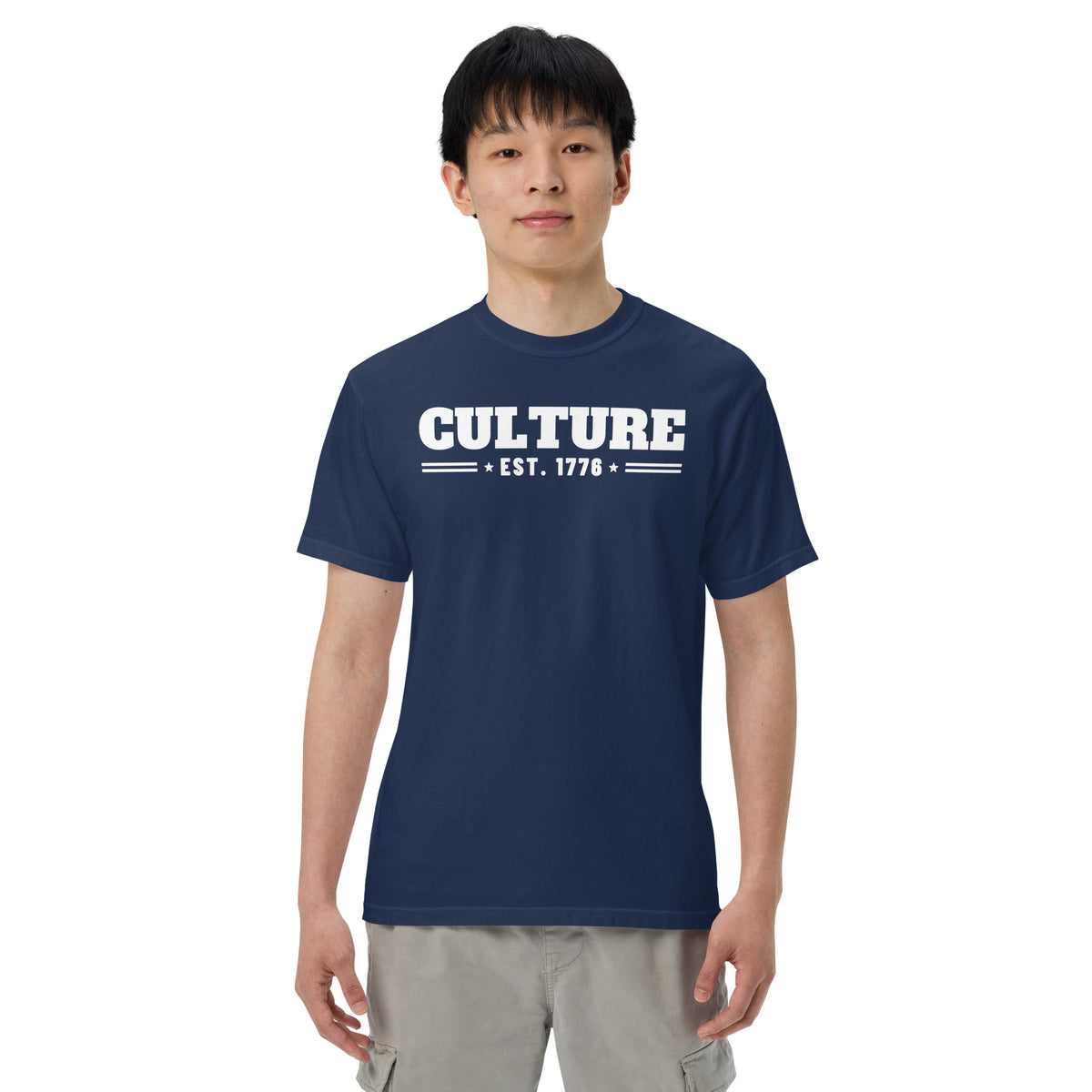 Culture Est. 1776 Stacked Tee in True Navy, front, on male model | True American
