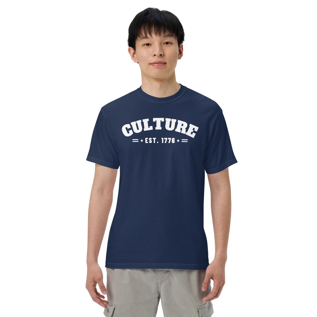 Culture Est. 1776 Arched Tee in True Navy, front, on male model | True American