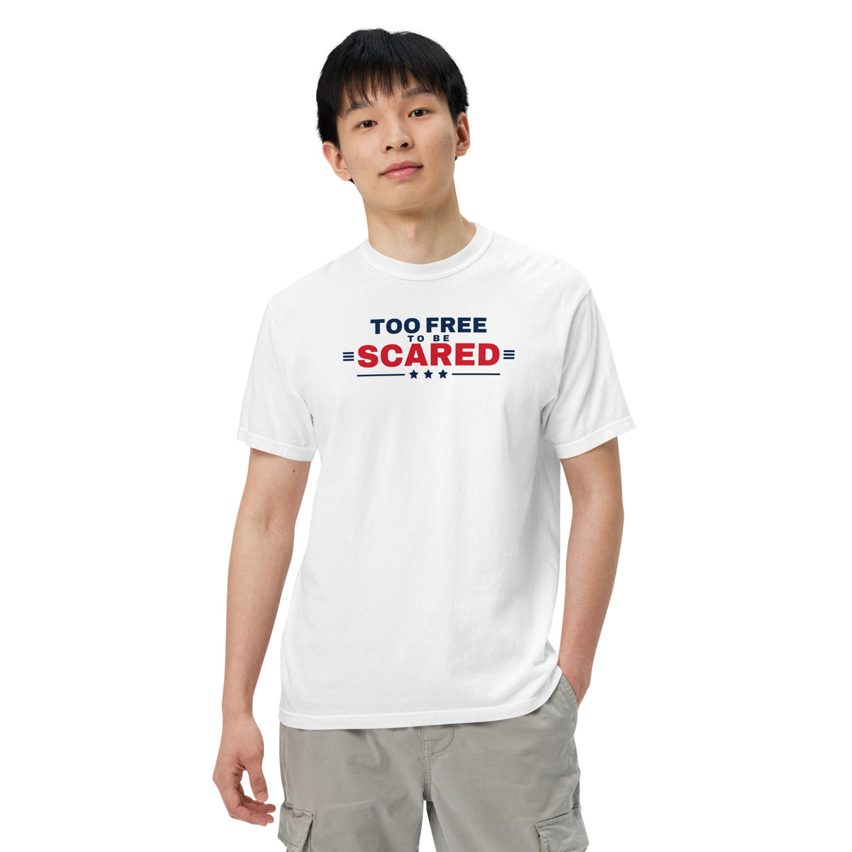 Too Free to Be Scared Heavyweight Tee White on model front, relaxed pose | True American