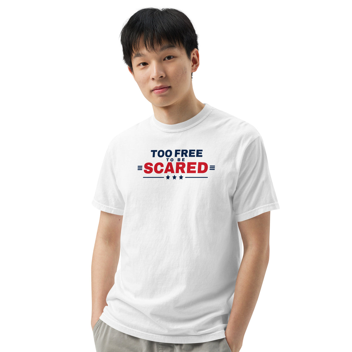Too Free to Be Scared Heavyweight Tee White on model front, close up | True American