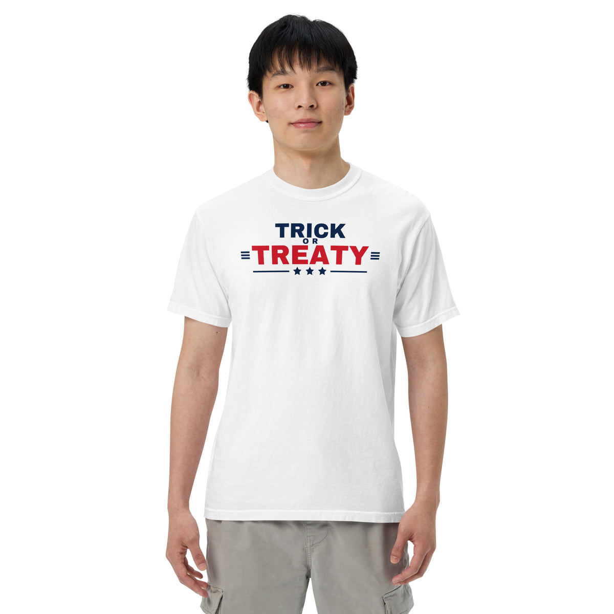 Trick or Treaty Heavyweight Tee White on model | True American
