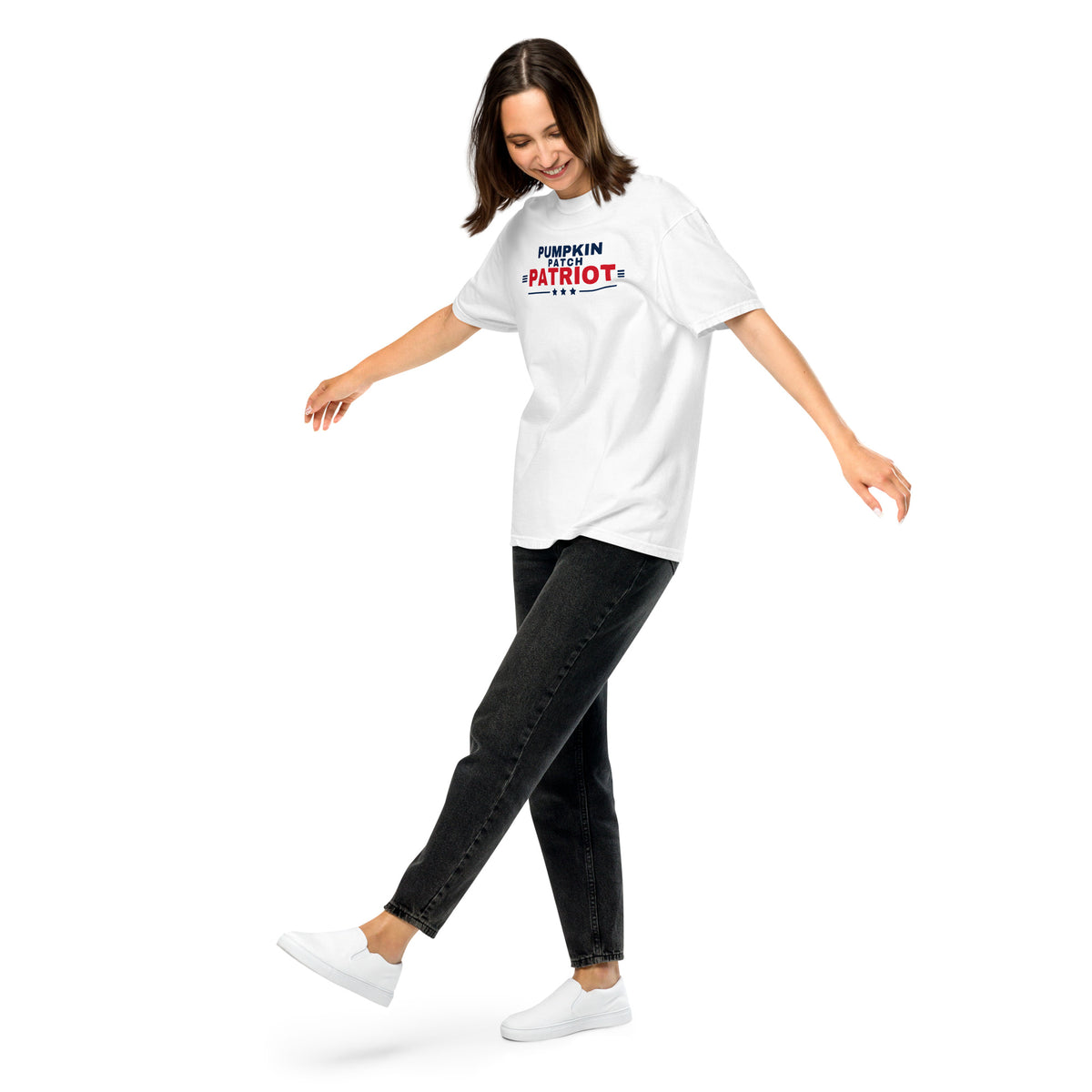 Pumpkin Patch Patriot Heavyweight Tee White on model front, full length | True American