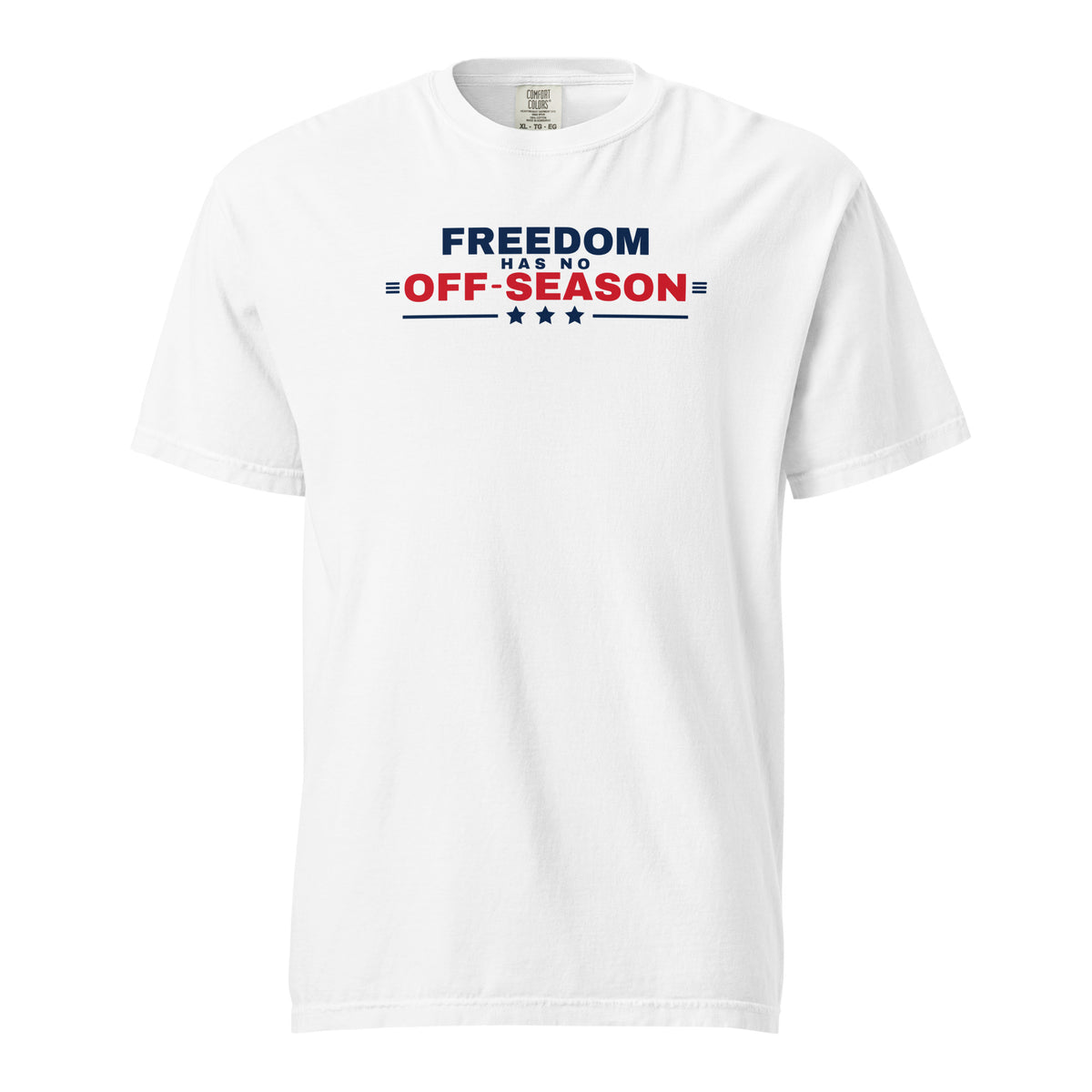 Freedom Has No Off-Season Tee White flat front | True American