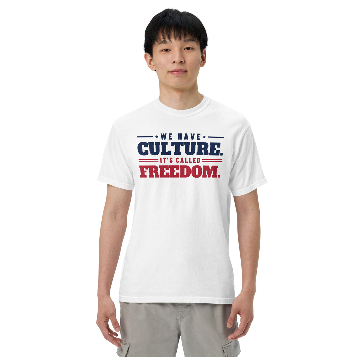 We Have Culture It's Called Freedom Stacked Tee in White, front, on male model | True American