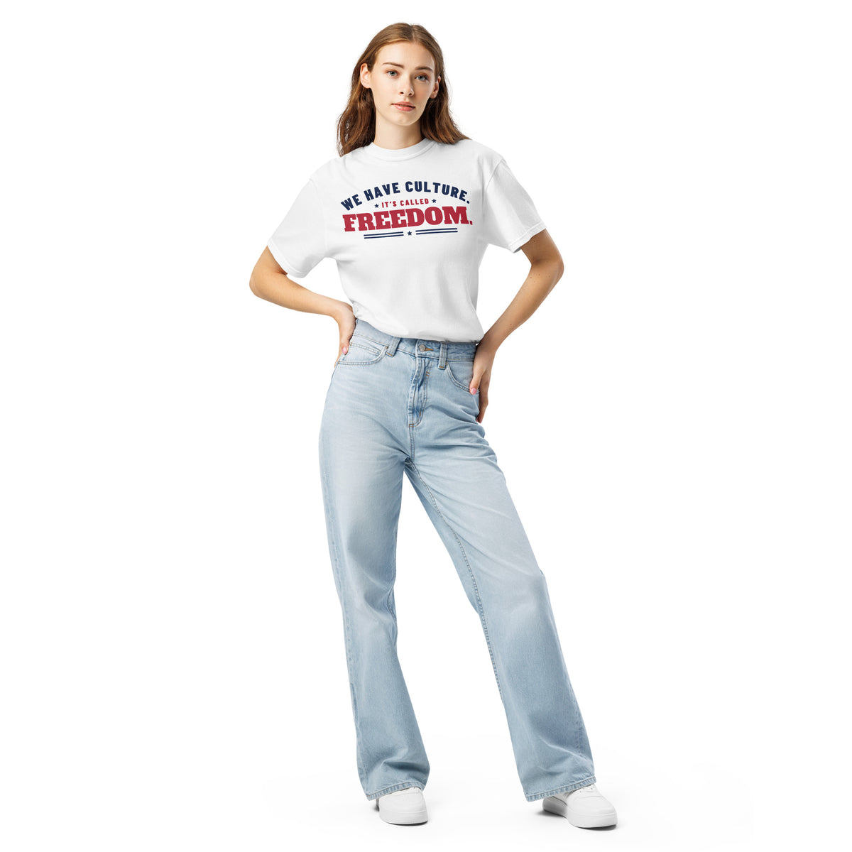 We Have Culture It's Called Freedom Arched Tee in White, front, on female model | True American