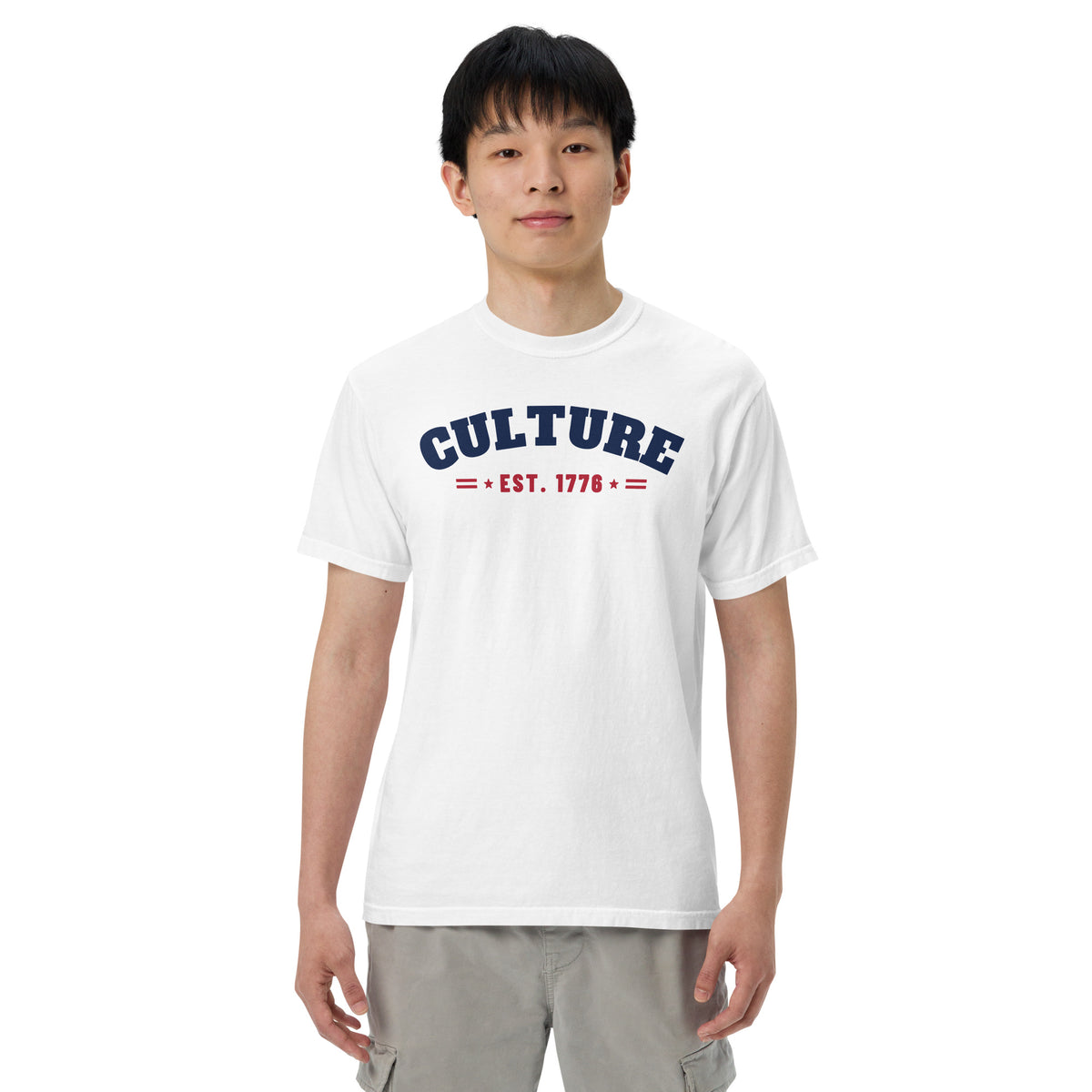Culture Est. 1776 Arched Tee in White, front, on male model | True American