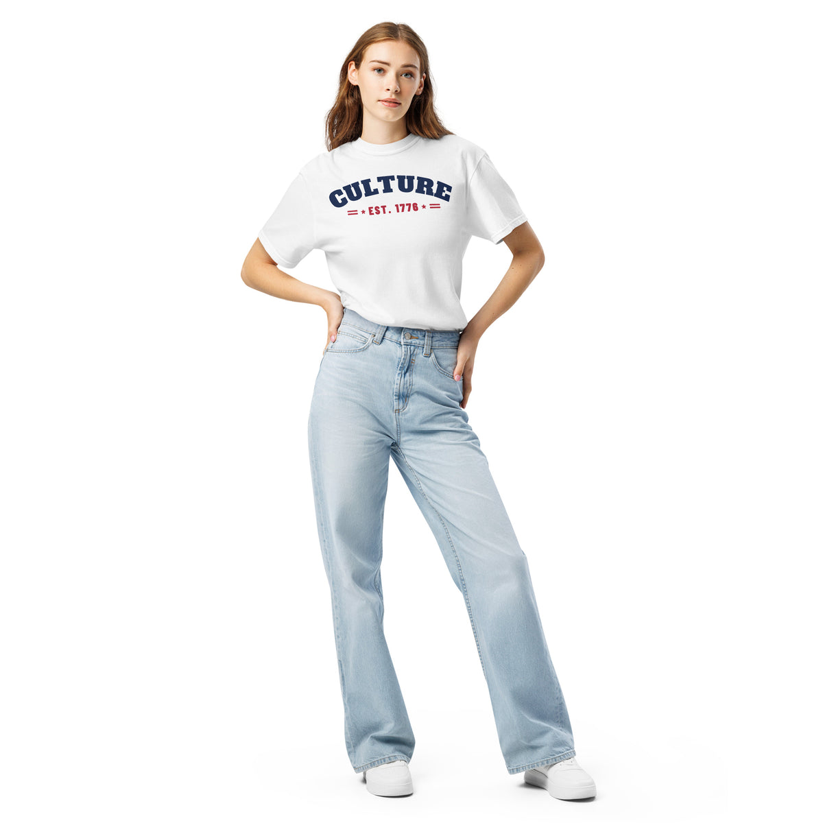 Culture Est. 1776 Arched Tee in White, front, on female model | True American