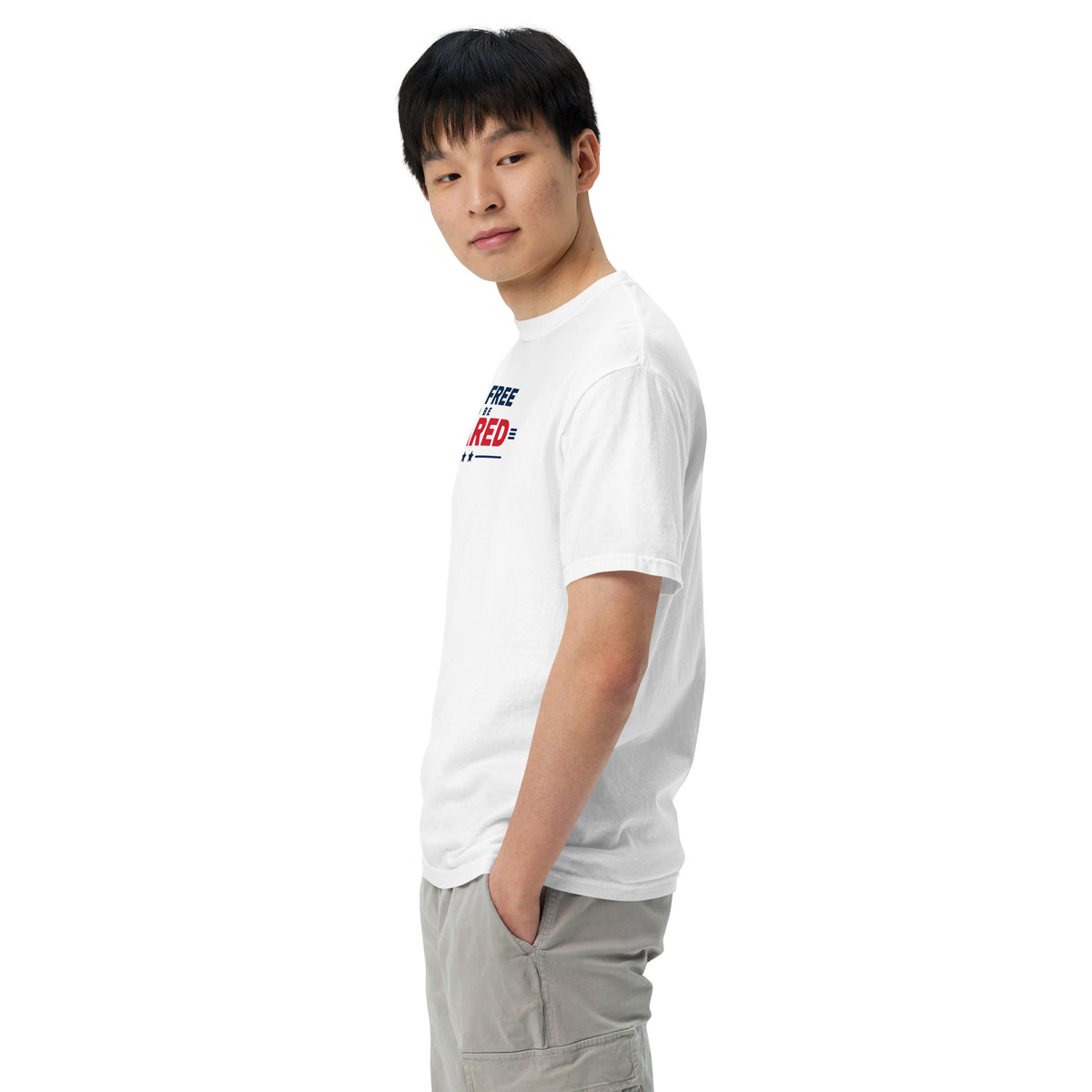 Too Free to Be Scared Heavyweight Tee White on model left side | True American