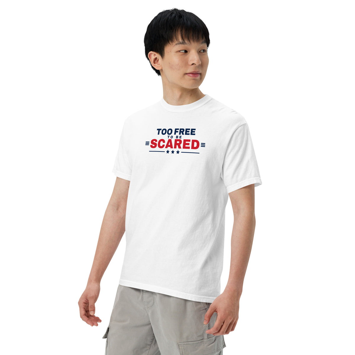 Too Free to Be Scared Heavyweight Tee White on model three quarter front | True American