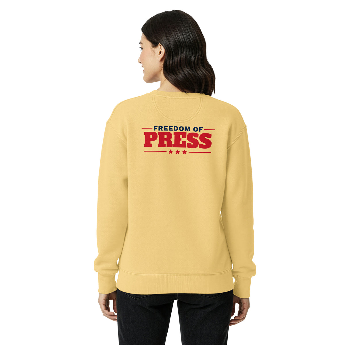 First Amendment Auditor Crewneck Sweatshirt Butter on model back, womens fit | True American