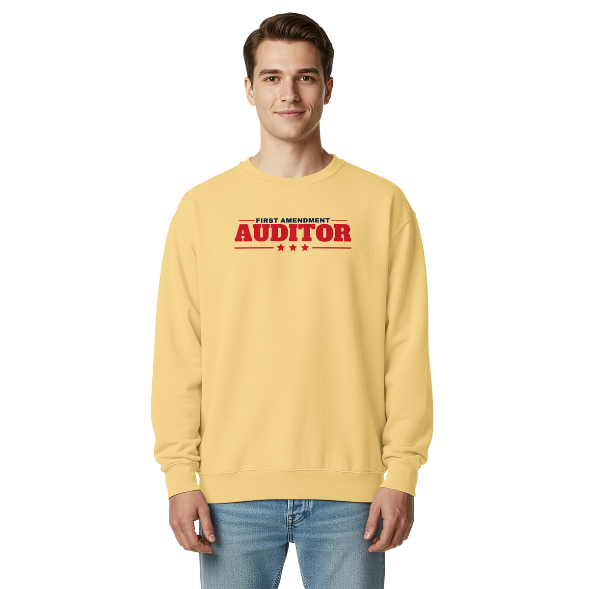 First Amendment Auditor Crewneck Sweatshirt Butter on model front | True American