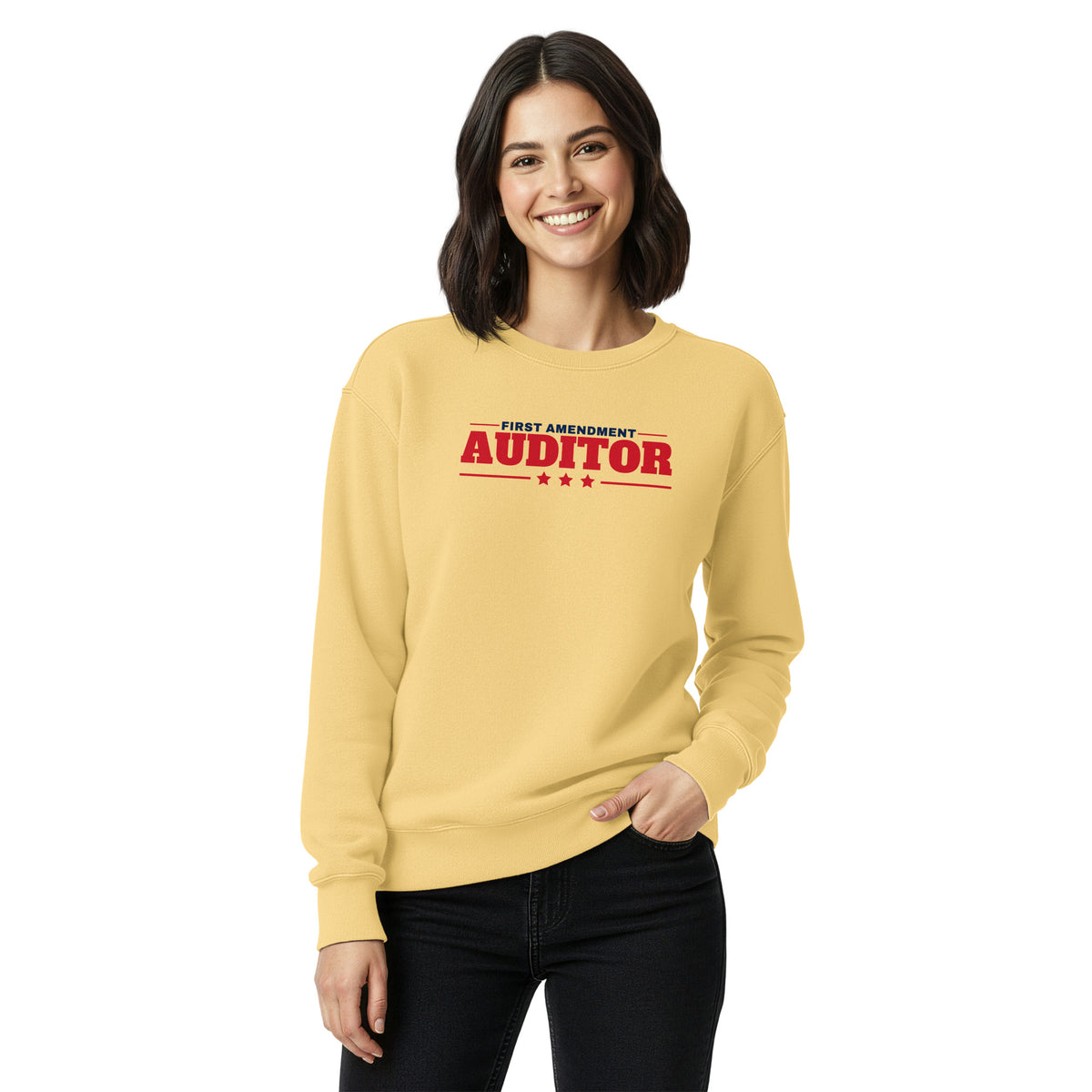 First Amendment Auditor Crewneck Sweatshirt Butter on model front, womens fit | True American