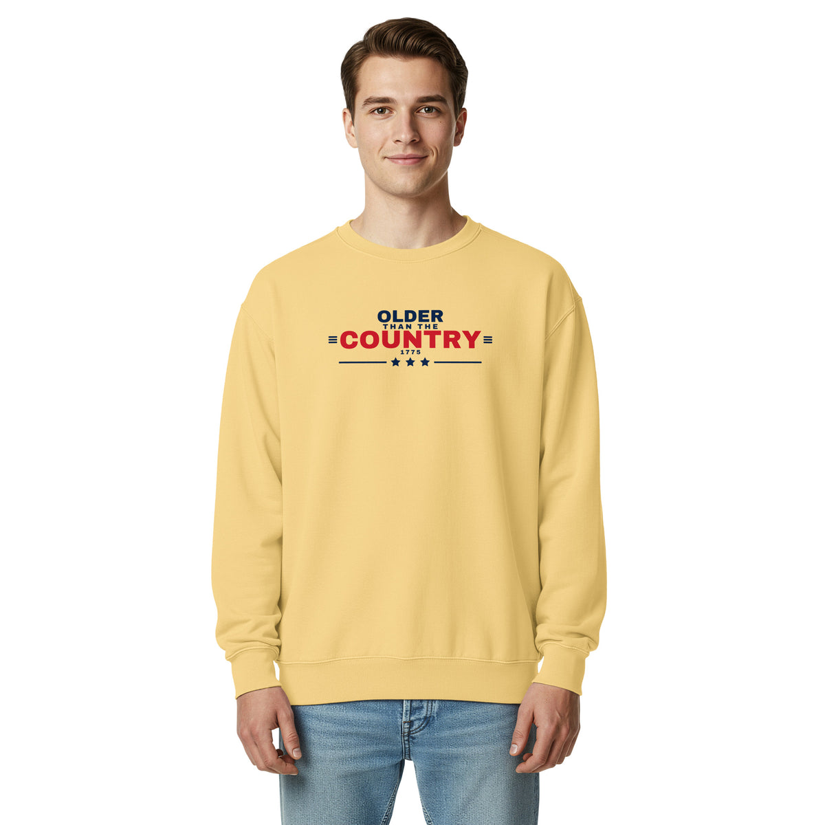 Older Than the Country Crewneck Sweatshirt Butter on model front | True American