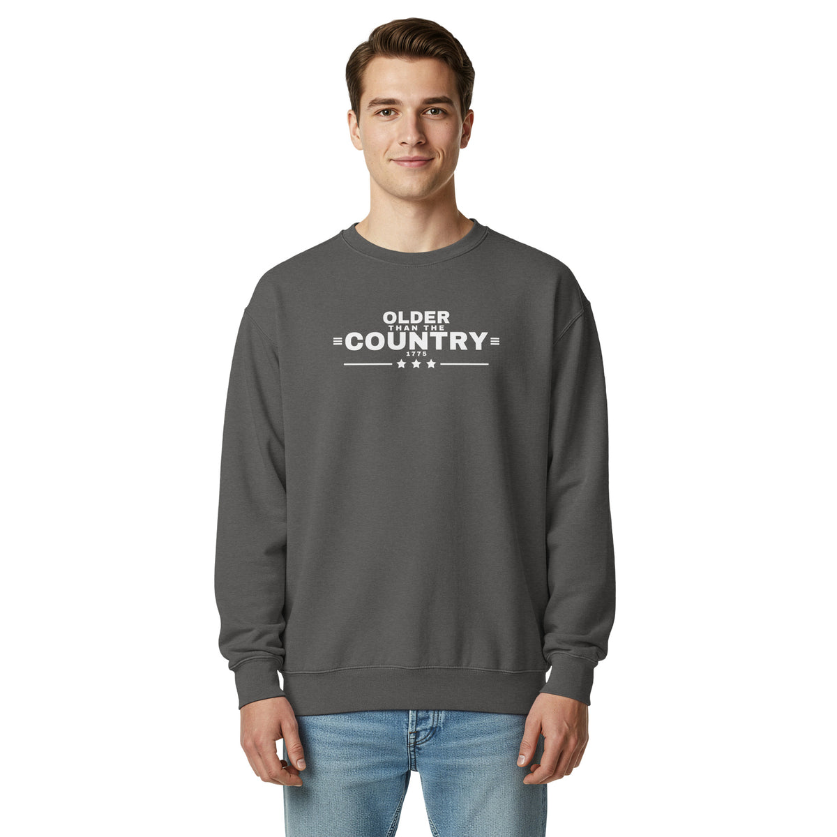 Older Than the Country Crewneck Sweatshirt Pepper on model front | True American