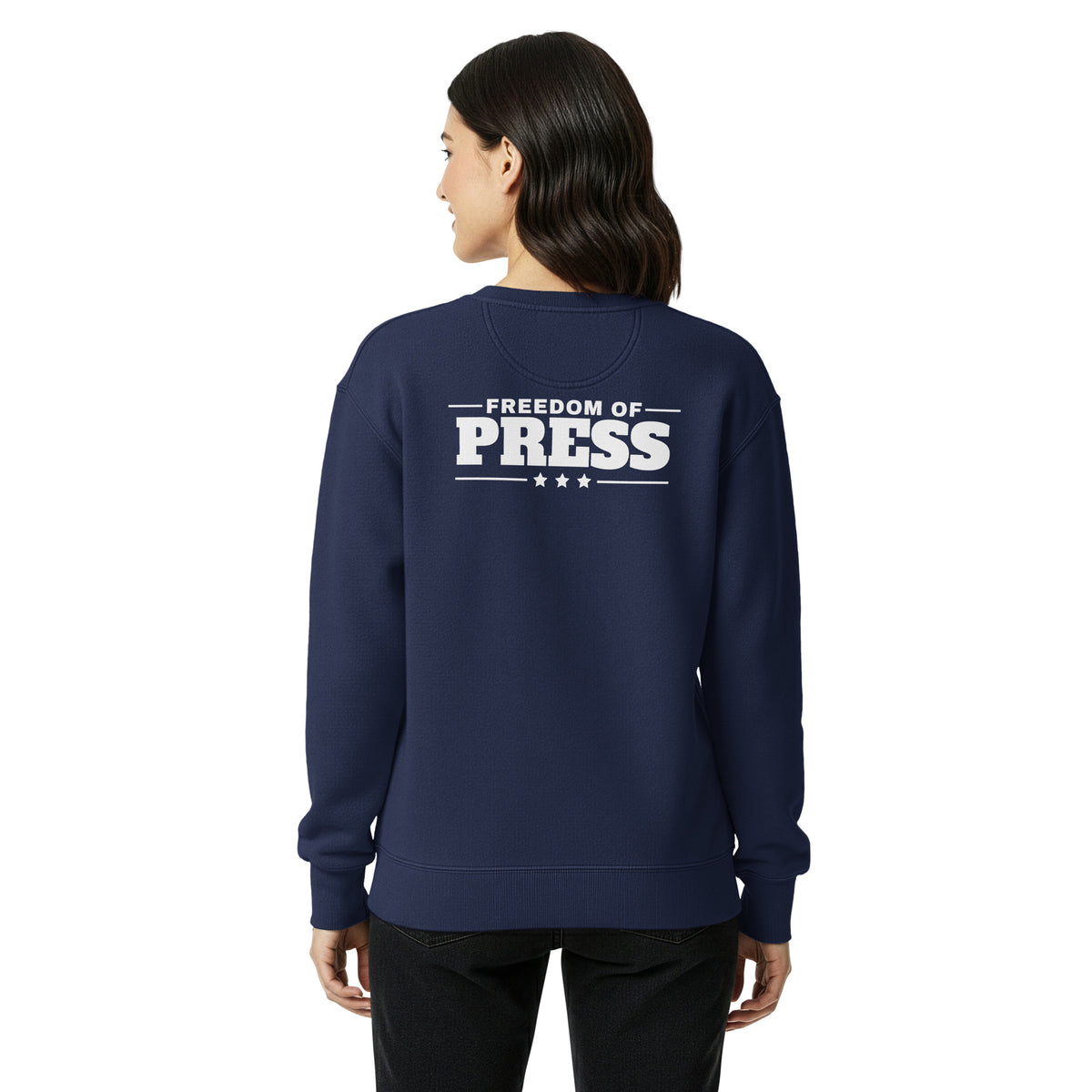 First Amendment Auditor Crewneck Sweatshirt True Navy on model back, womens fit | True American