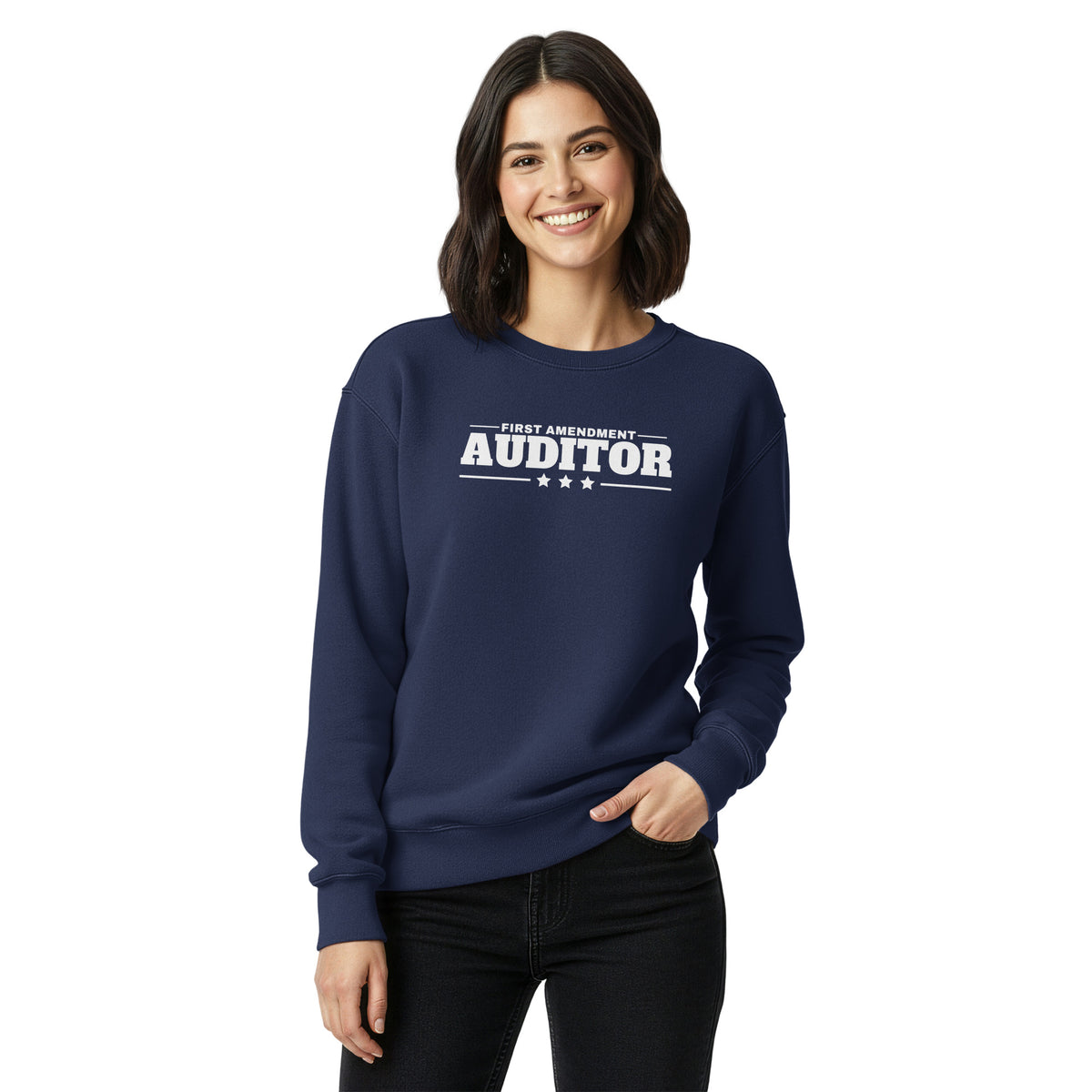 First Amendment Auditor Crewneck Sweatshirt True Navy on model front, womens fit | True American