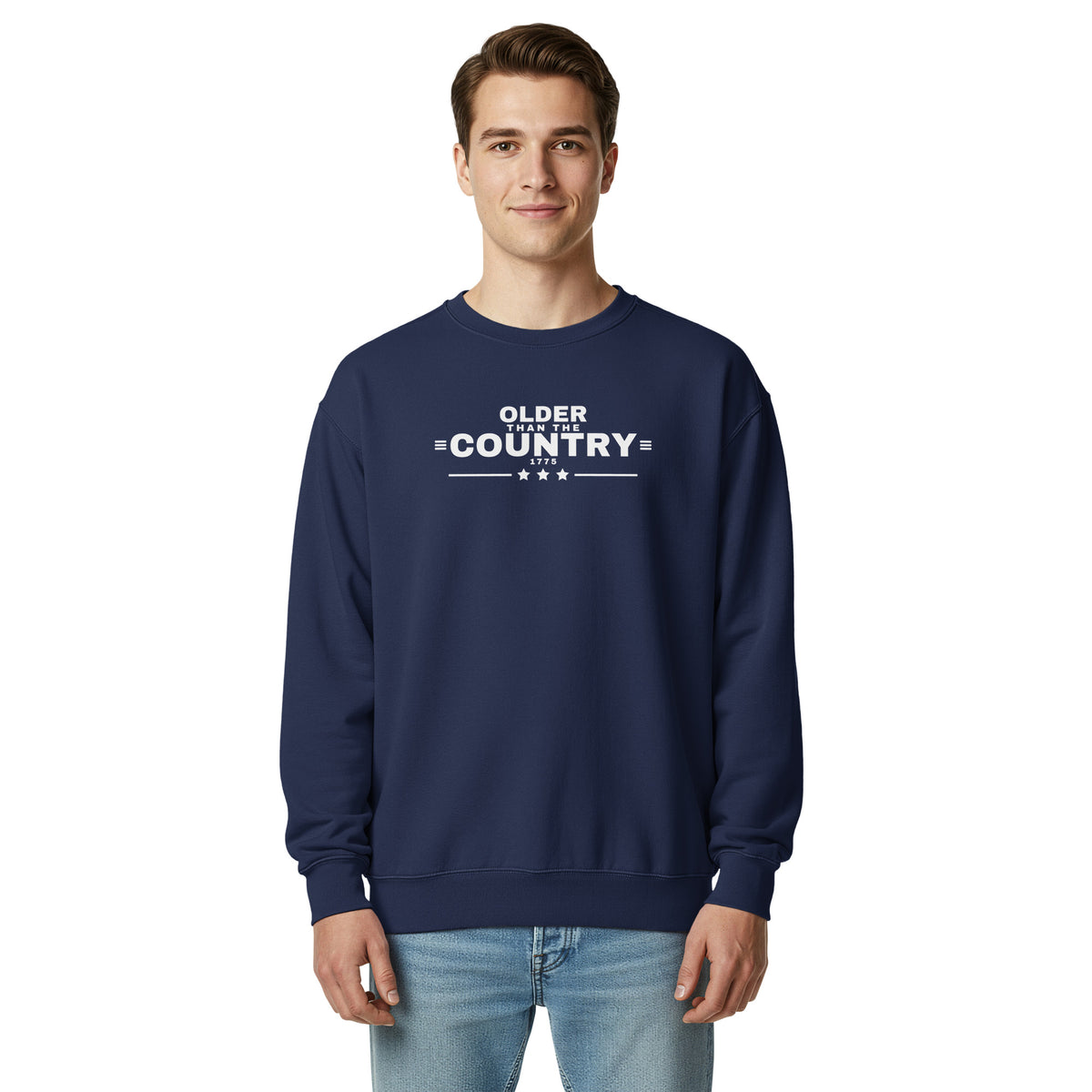 Older Than the Country Crewneck Sweatshirt True Navy on model front | True American