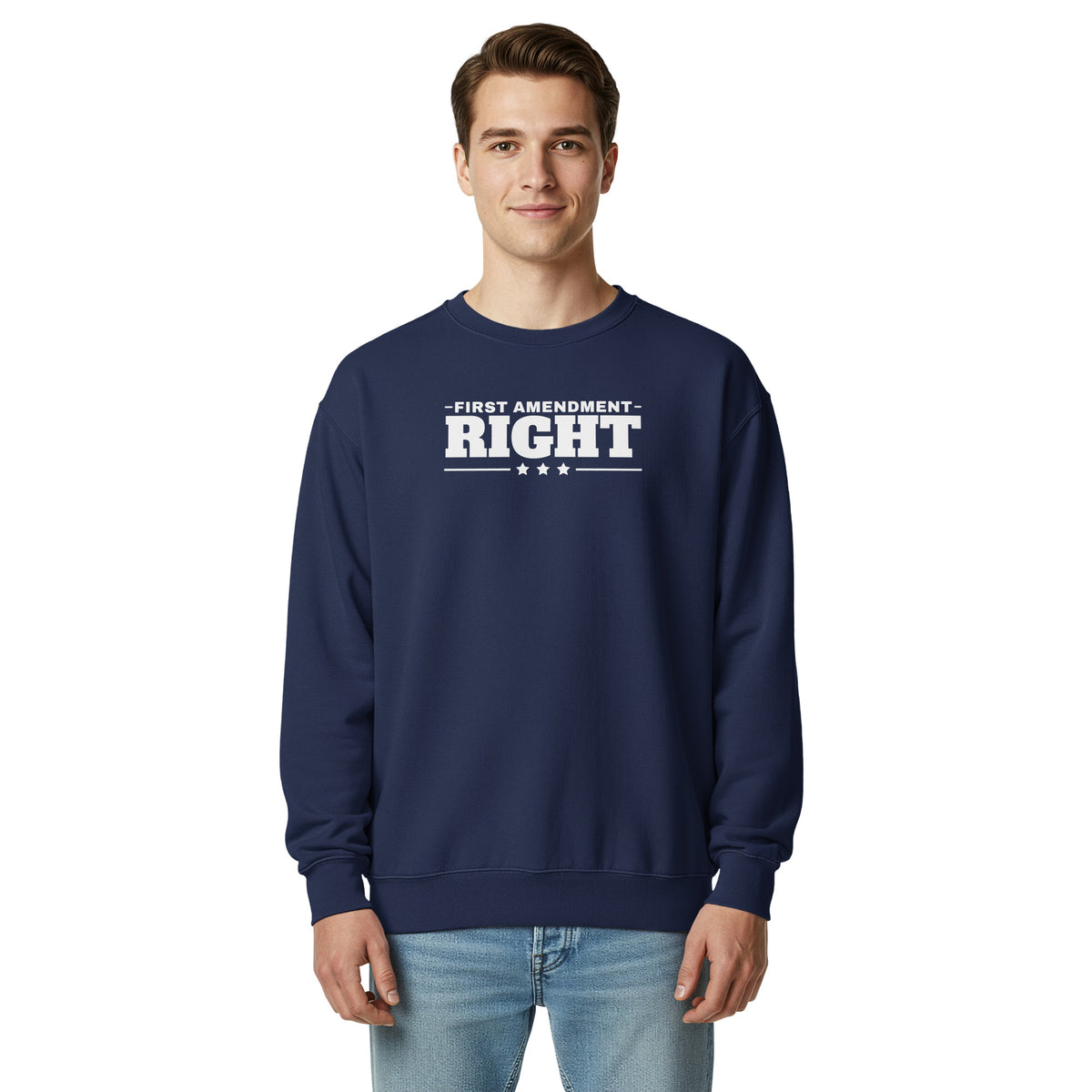 First Amendment Right / Freedom of the Press Crewneck Navy on model front | True American