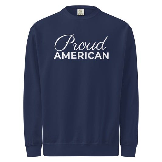 Proud American Script Crewneck Sweatshirt True Navy flat front | True American